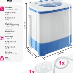 Best tectake Portabel tvättmaskin med centrifug, 4,5 kg tvätt Vit Blå, Vit
