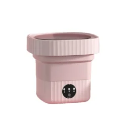 New INF Portabel Vikbar Tvättmaskin med Blått Ljus, 6L Kapacitet, Extern Dränering, Avtagbart Lock Rosa