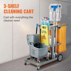 Online VEVOR Professionell hushållsvagn - - Rengöringsvagn - 3-vånings PVC-påse, Grå