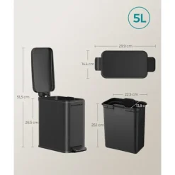 Online Rootz Living Rootz Steel Cosmetic Bin - Svart färg - Pedal Bin - 5 liters kapacitet - 29,9 cm x 14,4 cm x 29 cm - Elegant design - Miljövänlig