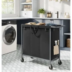 Rootz Living Rootz Tvättkorg 3 Fack 200L - Kåpa med hjul - Organizer Bin - Oxford Tyg - 91cm x 39cm x 81cm