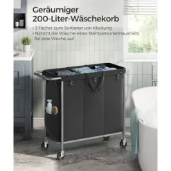 Rootz Living Rootz Tvättkorg 3 Fack 200L - Kåpa med hjul - Organizer Bin - Oxford Tyg - 91cm x 39cm x 81cm