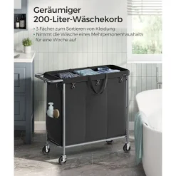 Outlet Rootz Living Rootz tvättkorg på hjul - Rullande korg - Bärbar förvaring - Stålram - 91 cm x 39 cm x 81 cm - Bläcksvart - 600D Oxford-tyg - Lättvikt - Enkel monteri | Fyndiq