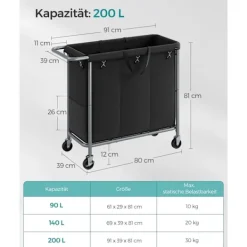 Outlet Rootz Living Rootz tvättkorg på hjul - Rullande korg - Bärbar förvaring - Stålram - 91 cm x 39 cm x 81 cm - Bläcksvart - 600D Oxford-tyg - Lättvikt - Enkel monteri | Fyndiq