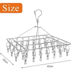Clearance Rostfri strumptork med 36 klämmor, vindtätt rektangulärt litet torkställ med klämmor för strumpor