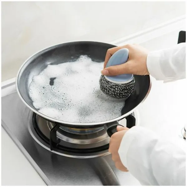 New Rostfria stålullssvampar med hajfenformad stålskaft rengöringsborste utbytbar metallskrubb skrubb för att diska skålar 3 stycken