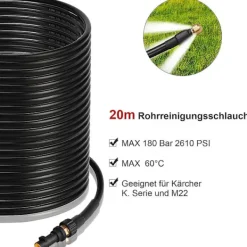 New Rörrengöringsslang, 20 M, 180 Bar, Högtrycksslang med adapter, Rörrengöringssats för Krcher högtryckstvätt