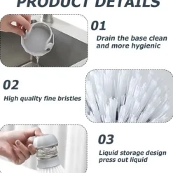 Clearance Set med 2 diskborstar med diskmedelsbehållare: Köksaccessoarer Rengöringsborste Integrerad hållare Rengöringsborste med tryckfunktion Cl