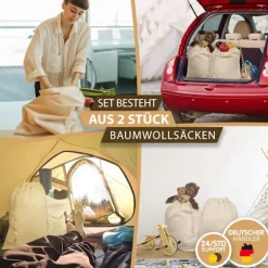 Set med 2 tvättpåsar 48*60 cm i 100 % bomull – extra stor och kraftig