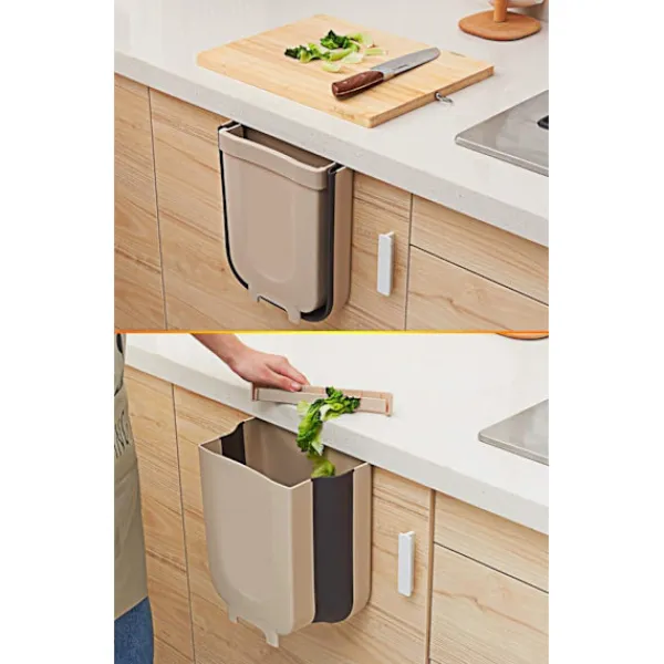 Hot *Sällsynt pärlfällbar kökssopkorg-9L Kökssopkorg med skåpsdörr, Brun, Stor*