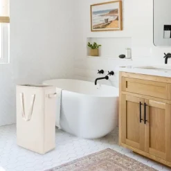 Online Smal Oxfordtyg hopfällbar tvättkorg, modern tvättuppsamlare med handtag, 45L (beige)