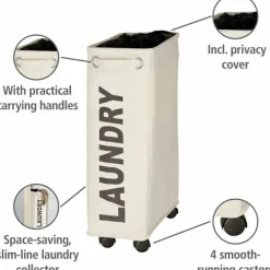 Outlet smal tvättkorg, tvättkorg på hjul, Corno beige, Polyester, 43 l, 18,5 x 60 x 40 cm