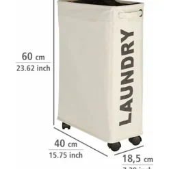 Outlet smal tvättkorg, tvättkorg på hjul, Corno beige, Polyester, 43 l, 18,5 x 60 x 40 cm