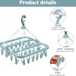 Discount Sock Dryer med 32 klädnypor, hopfällbar strumptork, bärbar hopfällbar fyrkantig galge, roterbar torkställning, galge strumptork för strumpor, underkläder (blå) | Fyndiq