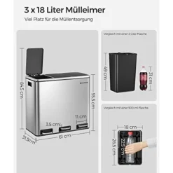 Online Pavil SONGMICS återvinningskärl, 3 x 18 L trippelkökskärl, 3-fack pedalbehållare, silver