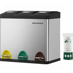 Hot Pavil SONGMICS återvinningskärl, 3-i-1 pedalkorg, 24-liters metallsoptunna, stål, silver