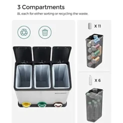 Hot Pavil SONGMICS återvinningskärl, 3-i-1 pedalkorg, 24-liters metallsoptunna, stål, silver
