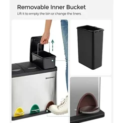 Hot Pavil SONGMICS återvinningskärl, 3-i-1 pedalkorg, 24-liters metallsoptunna, stål, silver