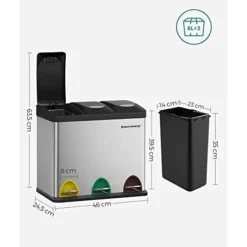 Hot Pavil SONGMICS återvinningskärl, 3-i-1 pedalkorg, 24-liters metallsoptunna, stål, silver