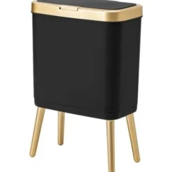 Best Soptunna med lock, svart badrumssoptunna med guldkant, modern smal soptunna med fötter, smal badrumssoptunna, 15 liter/NC/