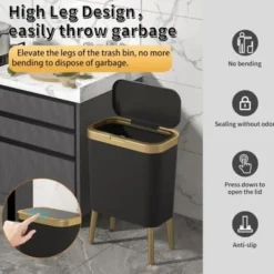 Best Soptunna med lock, svart badrumssoptunna med guldkant, modern smal soptunna med fötter, smal badrumssoptunna, 15 liter/NC/
