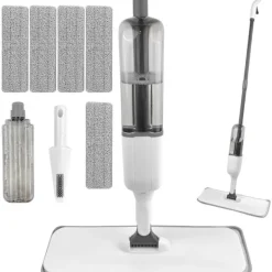 Hot Spraymopp, golvrengöringsmoppar, platt spraymopp, mikrofibermopp med 5 återanvändbara dynor och skrapa