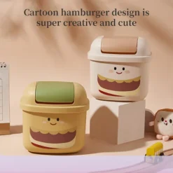 New Söt skrivbordspapperskorg för kontor, kreativ förvaringsbehållare, papperskorg för vardagsrum, sovrum, hushållssopbehållare med lock (beige)