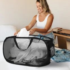 Online Stabila hopfällbara tvättkorgar - Pop Up tvättkorgar med praktisk ficka, hopfällbar tvättkorg med förstärkta bärhandtag för tvätt, fladdermus Black