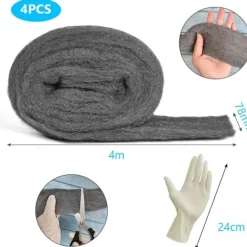 New Ståltråd, 4 st 0000 stålull, 16m 100g Anti-mus stålull, Rengöringstråd för rengöring och polering av trä och glas, levereras med handskar