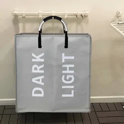 Clearance Stor hopfällbar tvättkorg med 2 sektioner för sovrum, tyg