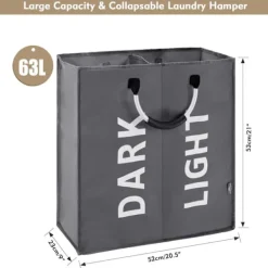 Discount Stor hopfällbar tvättkorg med 2 fack för sovrum, tyg (Mörkgrå)
