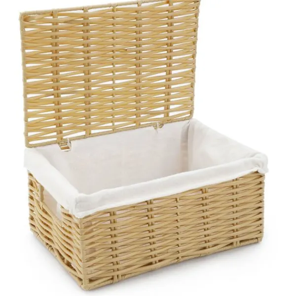 Hot Stor korg, handflätad, tvättkorg i syntetisk rotting, med lock och handtag, hopfällbar, avtagbar innerpåse, träfärgad
