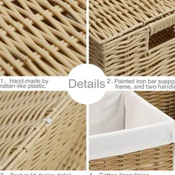 Hot Stor korg, handflätad, tvättkorg i syntetisk rotting, med lock och handtag, hopfällbar, avtagbar innerpåse, träfärgad