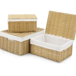 Hot Stor korg, handflätad, tvättkorg i syntetisk rotting, med lock och handtag, hopfällbar, avtagbar innerpåse, träfärgad