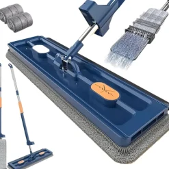 Best Stor Platt Mopp med 360° Rotationsbar Urvridningsfunktion, Mikrofiberdynor för Hårdträ Blue + 2 rags
