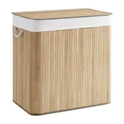 Best Stor tvättkorg i bambu med lock och tre fack - 150 liter
