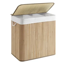 Best Stor tvättkorg i bambu med lock och tre fack - 150 liter