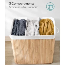 Best Stor tvättkorg i bambu med lock och tre fack - 150 liter