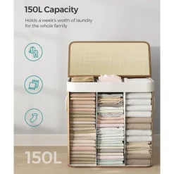 Best Stor tvättkorg i bambu med lock och tre fack - 150 liter