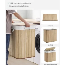 Best Stor tvättkorg i bambu med lock och tre fack - 150 liter