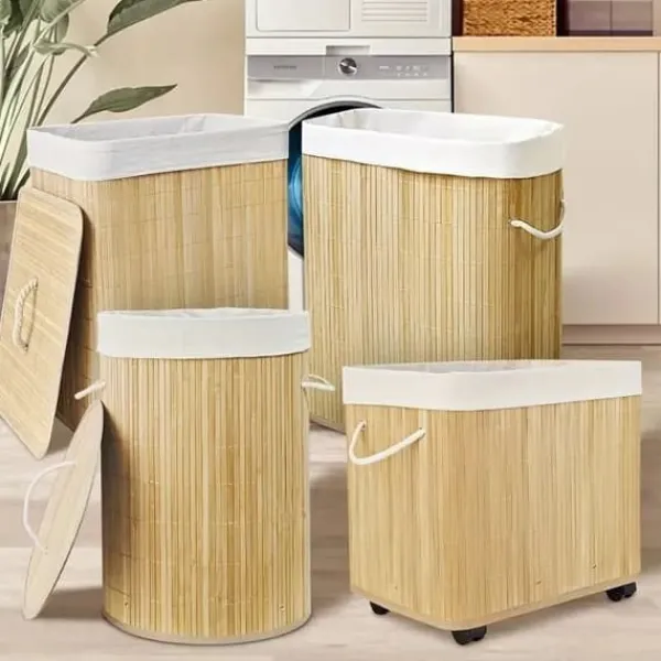 New Stor tvättkorg och smutskorg i bambu med hjul, hopfällbar med lock och handtag