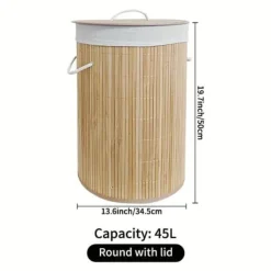 New Stor tvättkorg och smutskorg i bambu med hjul, hopfällbar med lock och handtag
