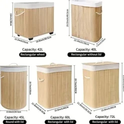 New Stor tvättkorg och smutskorg i bambu med hjul, hopfällbar med lock och handtag