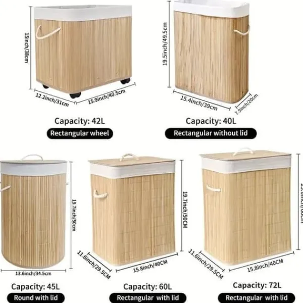 New Stor tvättkorg och smutskorg i bambu med hjul, hopfällbar med lock och handtag