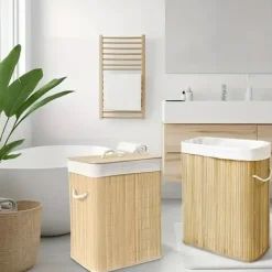 New Stor tvättkorg och smutskorg i bambu med hjul, hopfällbar med lock och handtag
