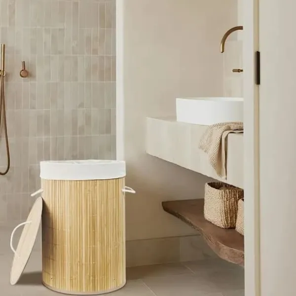 New Stor tvättkorg och smutskorg i bambu med hjul, hopfällbar med lock och handtag