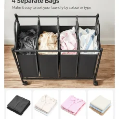 Online Stor tvättkorg på hjul med 4 avtagbara påsar