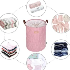Hot Tjockvikbar hopfällbar rund förvaringskorg för tvätt, bomull (rosa) KLB