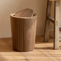 New Träavfallskorg med svänglock Rund soptunna Köksavfallskorg för hotell Träavfallskorg