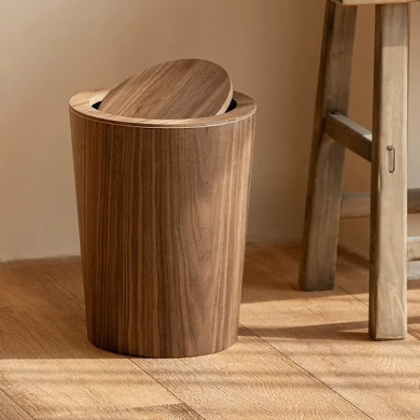 New Träavfallskorg med svänglock Rund soptunna Köksavfallskorg för hotell Träavfallskorg